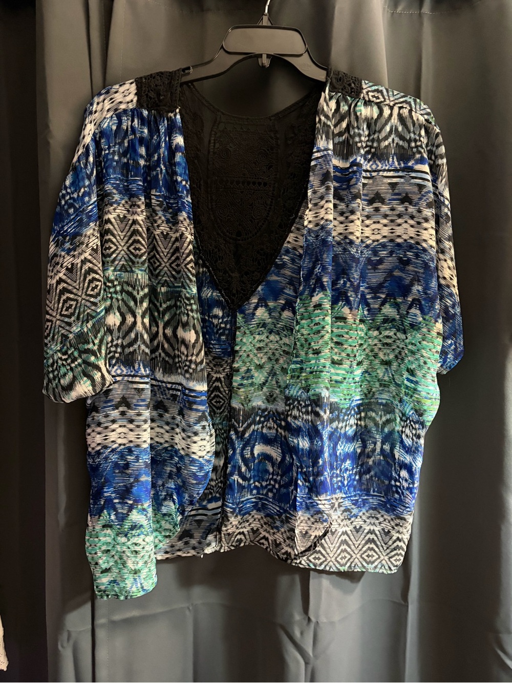 Women's Blue & Green Patterned Open-Front Tunic Kimono